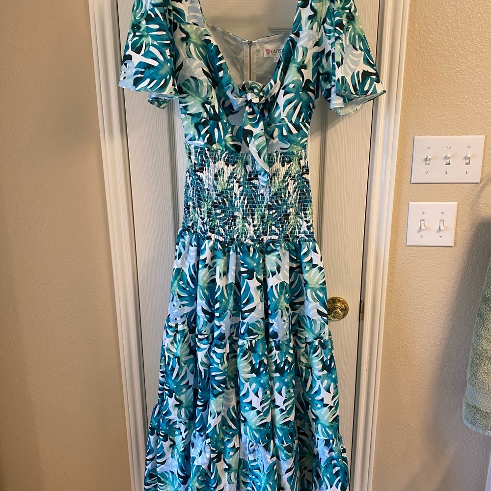 L'ATISTE Green and White Maxi Sundress with Flutter Sleeves